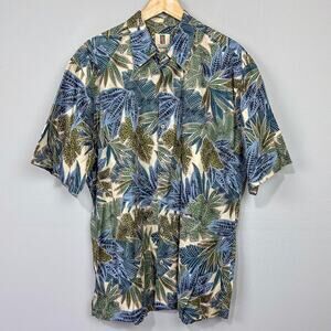 Vintage Tori Richard Cotton Lawn Hawaiian‎ Print Shirt Size L Blue Green Leaf